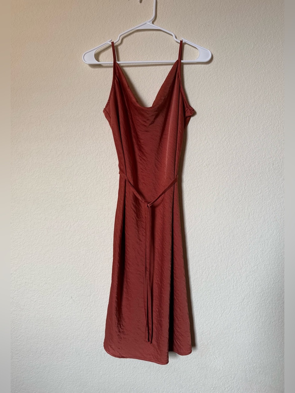 Satin Cowl-Neck Slip Dress with Waist Tie